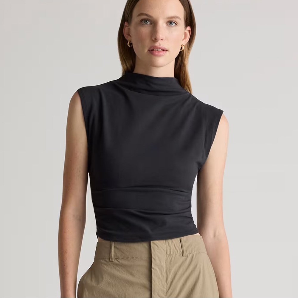 Quince Stretch Cotton Jersey Sleeveless Mock Neck Top in Black size M Medium